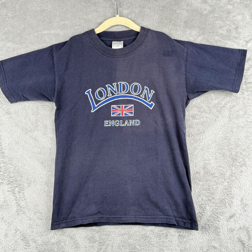 London England T-Shirt Youth M Navy Blue Wash Faded‎ S/S Vintage 90s Grunge